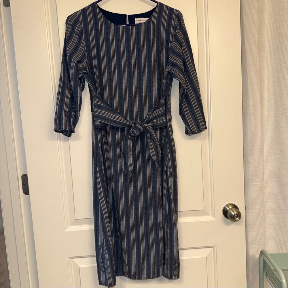 Cottage Navy Striped 3/4 Sleeve Dress w/waist tie and side zipper Piper & Scoot
